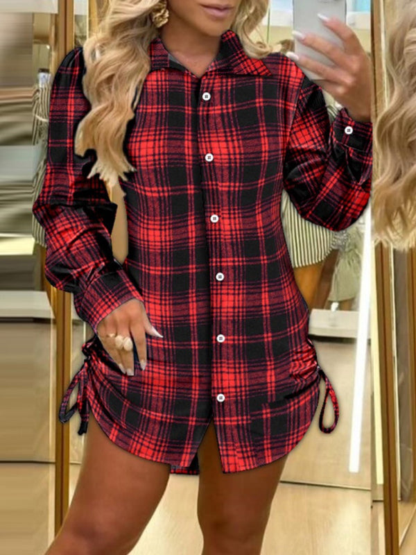 Fashionable plaid shirt dress with drawstrings on both sides - K - 2 COLORS -