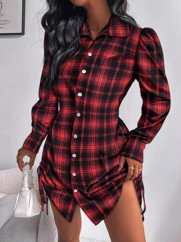 Fashionable plaid shirt dress with drawstrings on both sides - K - 2 COLORS -