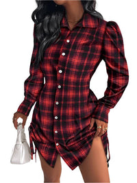 Thumbnail for Fashionable plaid shirt dress with drawstrings on both sides - K - 2 COLORS -