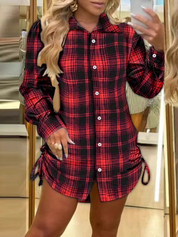 Fashionable plaid shirt dress with drawstrings on both sides - K - 2 COLORS -