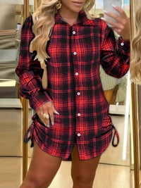 Thumbnail for Fashionable plaid shirt dress with drawstrings on both sides - K - 2 COLORS -