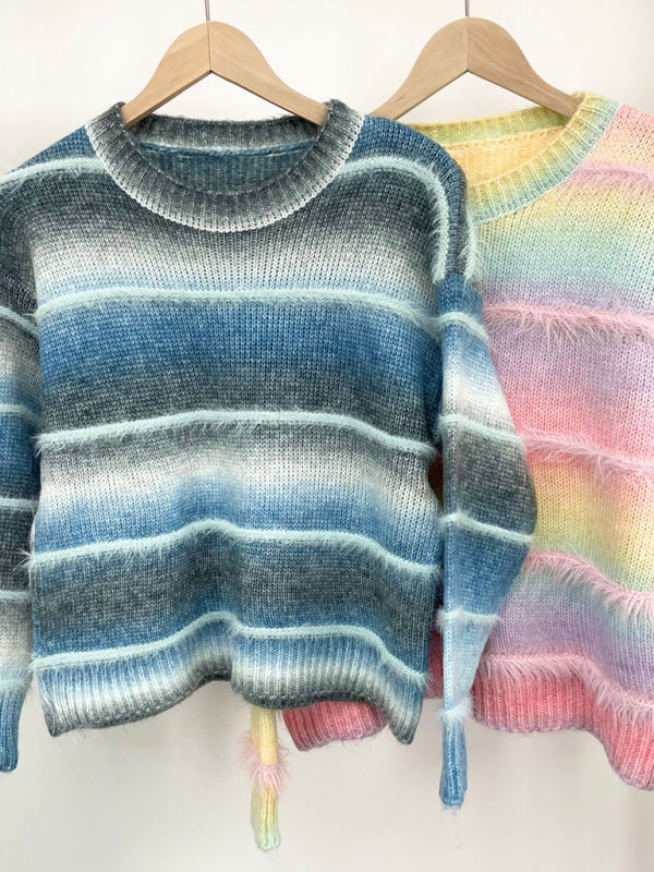 Vintage Rainbow Top Gradient Contrast Stripe Mohair Pullover Knit Sweater - K - 4 COLORS -