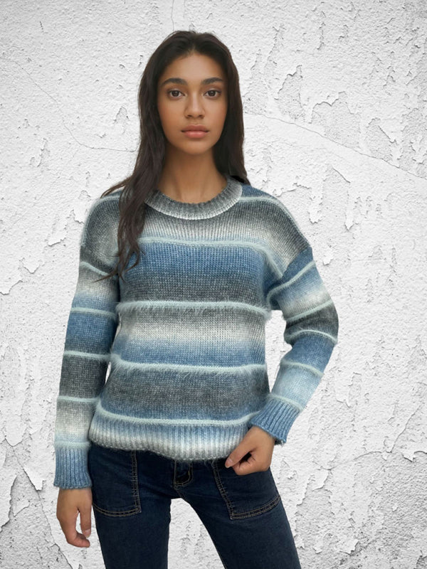 Vintage Rainbow Top Gradient Contrast Stripe Mohair Pullover Knit Sweater - K - 4 COLORS -