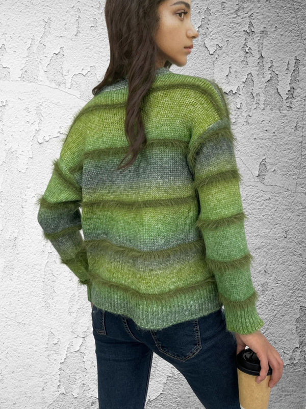 Vintage Rainbow Top Gradient Contrast Stripe Mohair Pullover Knit Sweater - K - 4 COLORS -