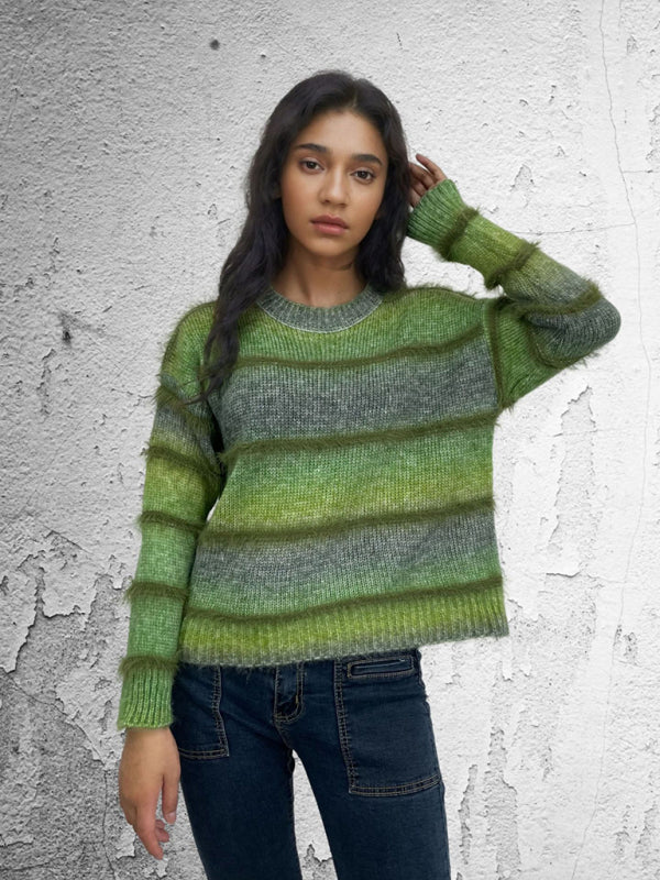 Vintage Rainbow Top Gradient Contrast Stripe Mohair Pullover Knit Sweater - K - 4 COLORS -