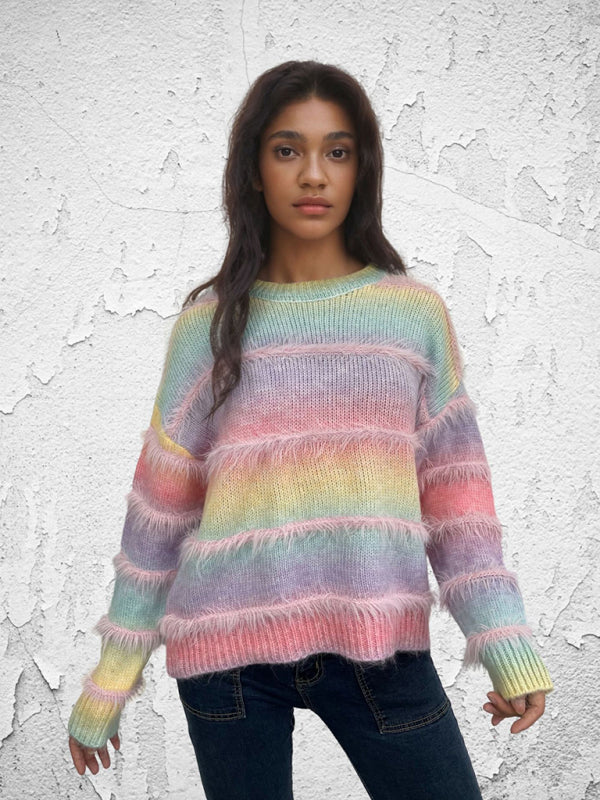 Vintage Rainbow Top Gradient Contrast Stripe Mohair Pullover Knit Sweater - K - 4 COLORS -