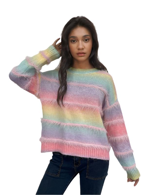 Vintage Rainbow Top Gradient Contrast Stripe Mohair Pullover Knit Sweater - K - 4 COLORS -