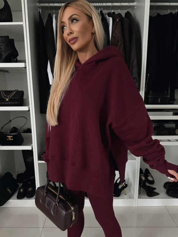 Women's casual loose solid color hooded sweatshirt suit - 2 PCS. - K - 3 COLORS -