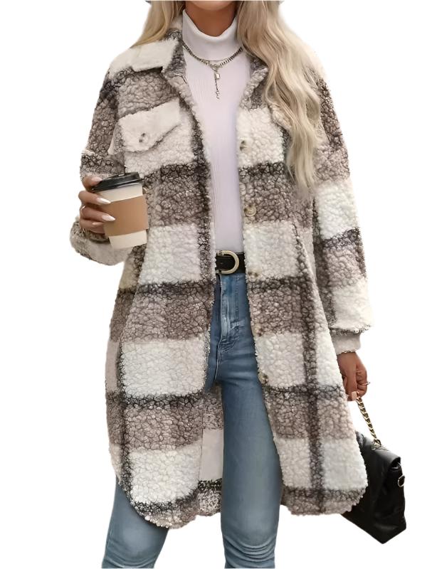 Large size women's plaid fuzzy long Jacket - L THRU 4XL ONLY - K - 1 COLOR -