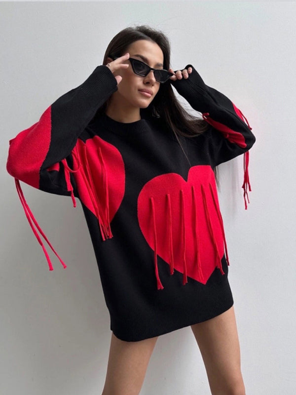 New round neck fashion pullover heart tassel sweater - K - 5 COLORS -