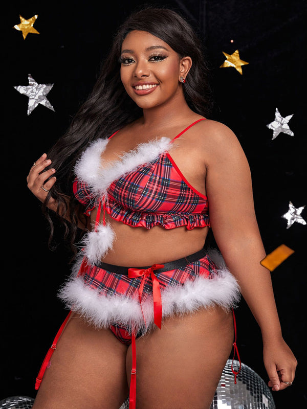 Plus size women's sexy lingerie Christmas dress red plaid furry suit - XL THRU 4XL ONLY - K - 2 COLORS -