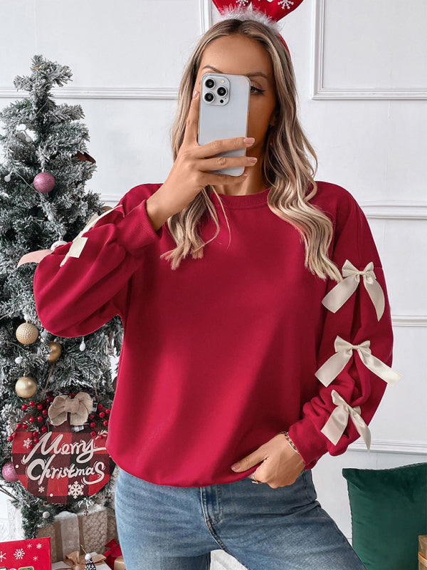 New Round Neck Bow Red Christmas Sweater - K - 1 COLOR -