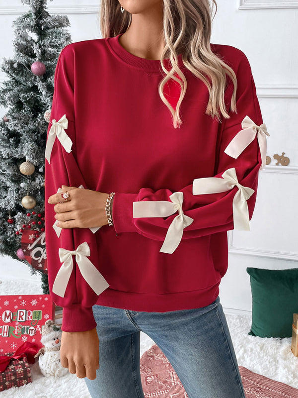 New Round Neck Bow Red Christmas Sweater - K - 1 COLOR -