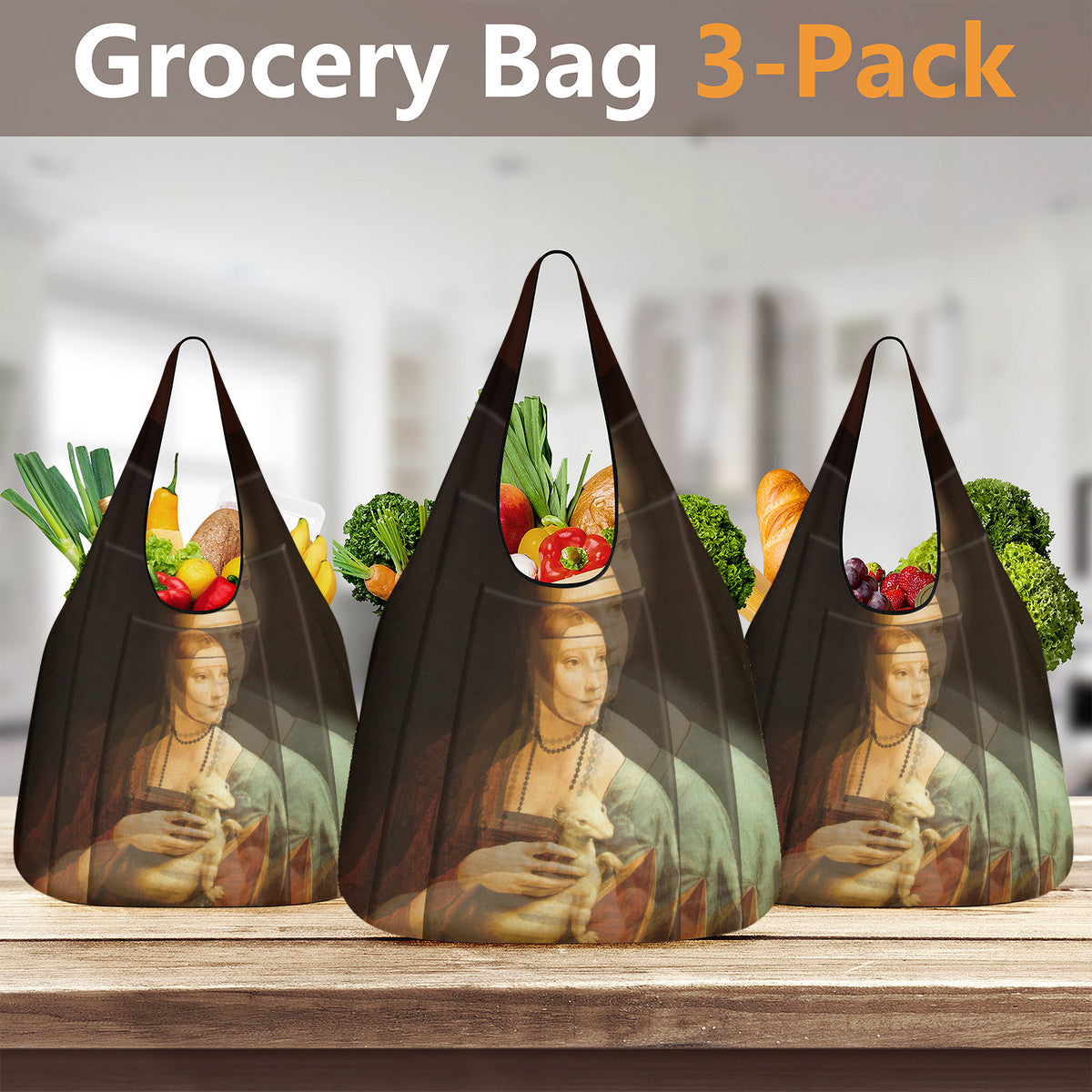 OOTO - LEONARDO DAVINCI Lady with an Ermine - KO 3 Pcs Grocery Bags - 3 PCS. -