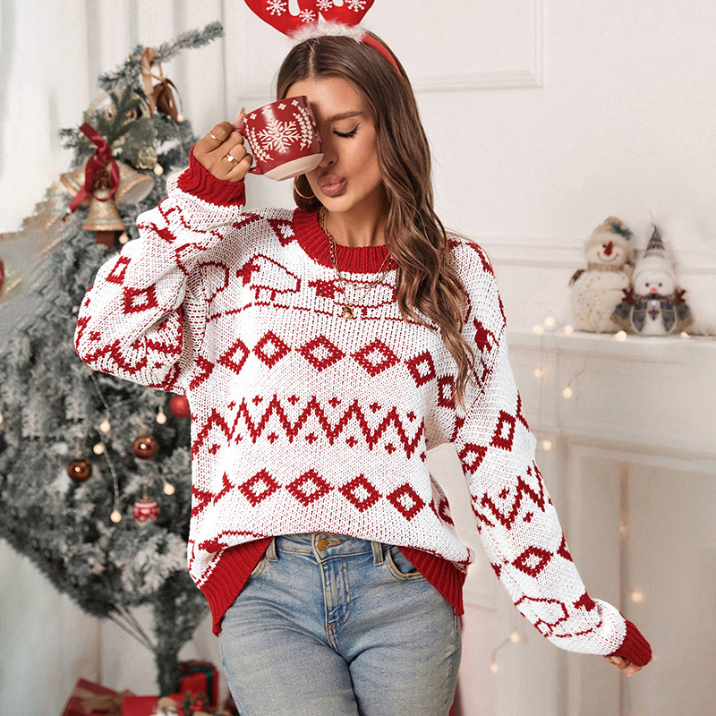 New Women's Long Sleeve Round Neck Knitted Christmas Sweater - K - 1 COLOR -