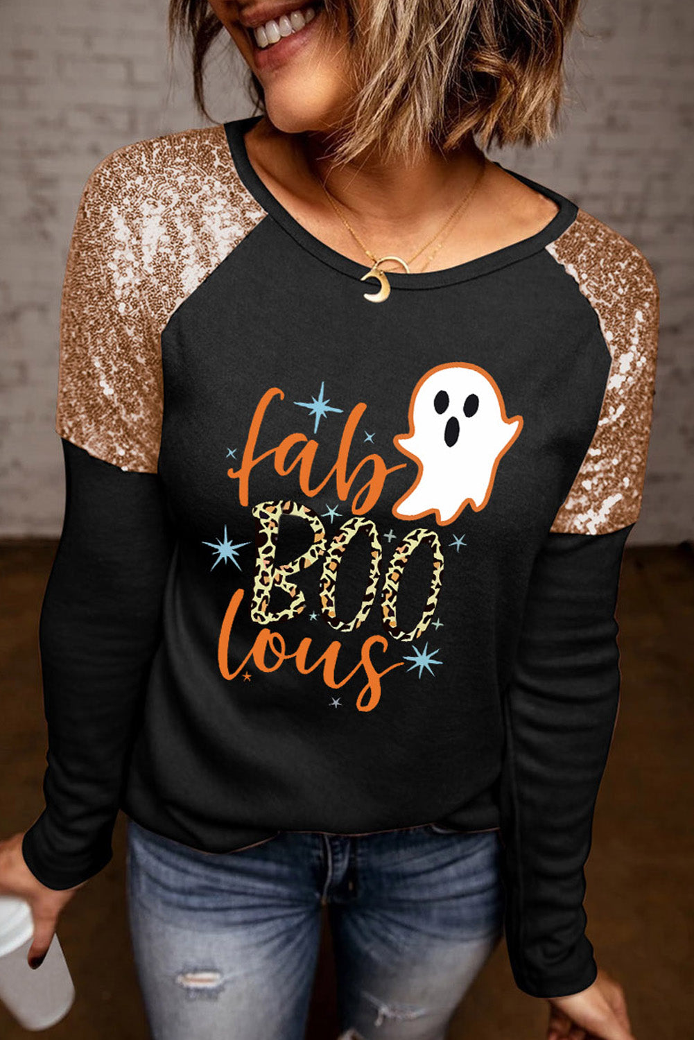 Ghost Graphic Sequin Long Sleeve T-Shirt - T - 1 COLOR -