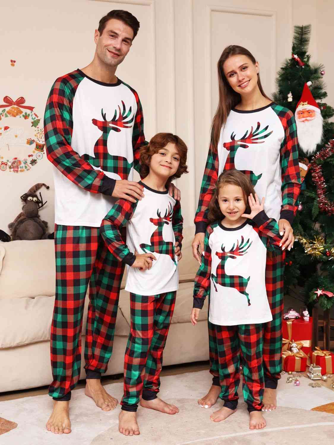 MEN Full Size Reindeer Graphic Top and Plaid Pants Set - T -