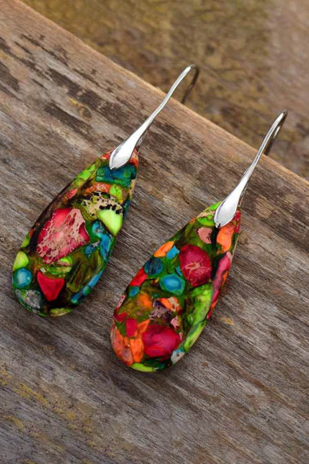 Handmade Teardrop Shape Natural Stone Dangle Earrings - T - 6 STONES / COLORS -