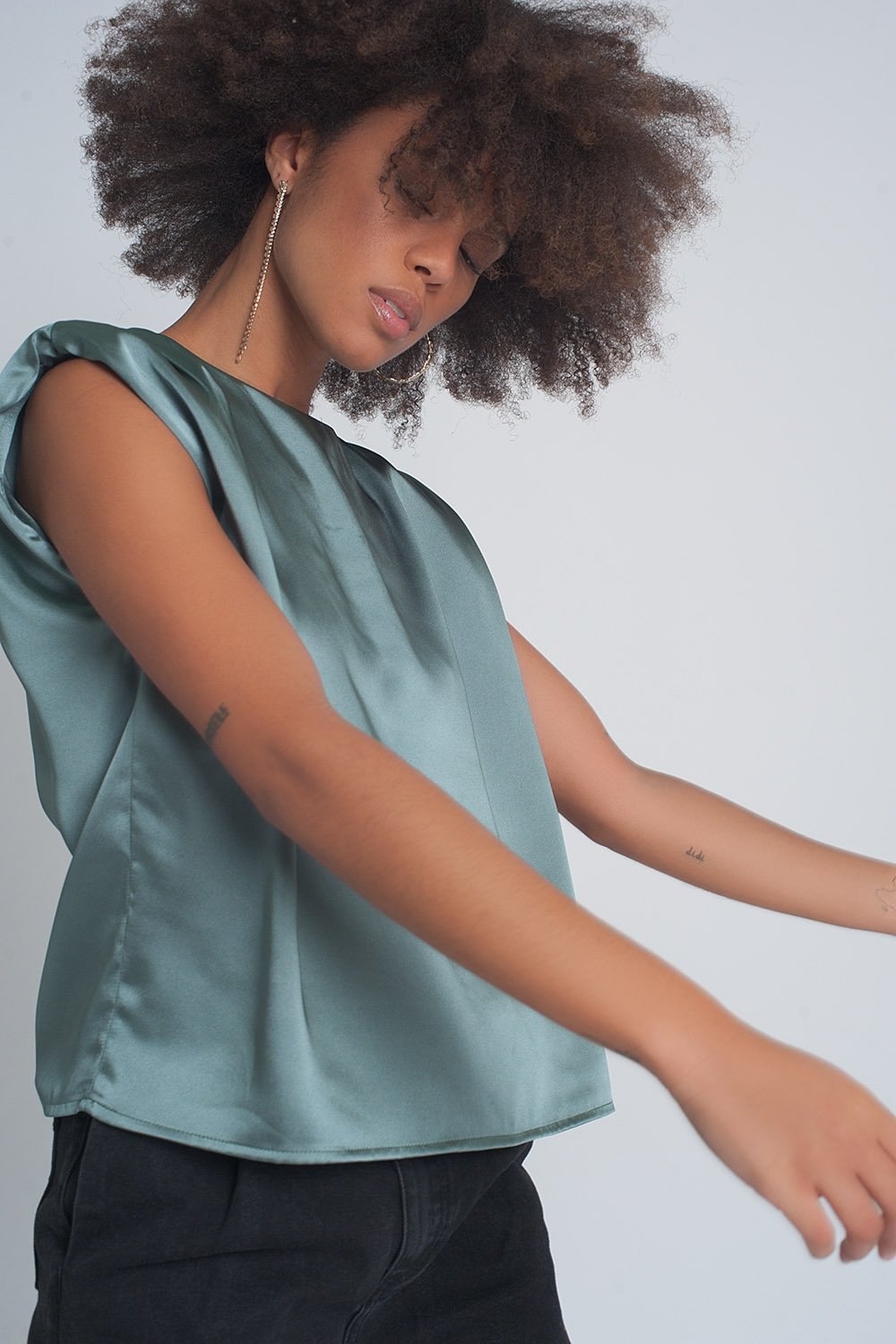 Q2 - Gathered Satin Shoulder Pad Sleeveless Top in Green - 1 COLOR