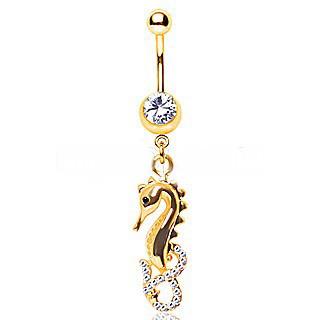 Gold Plated Gemmed Sea Horse Dangle Navel Ring -