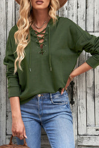 Thumbnail for Lace-Up Dropped Shoulder Hoodie - T - 8 COLORS -