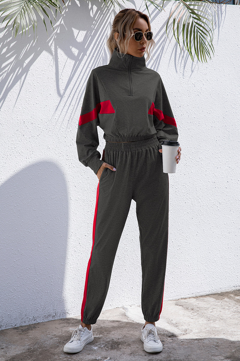 Turtle Neck Long Sleeve Zip-Up Top Long Pants Set - 2 PCS. - T - 3 COLORS -