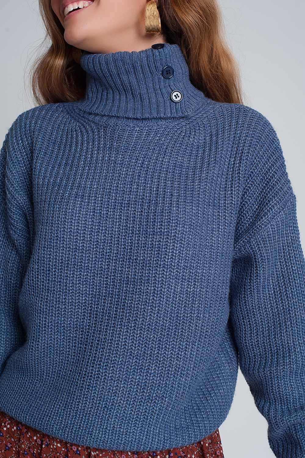 Q2 - Knitted Sweater With Buttons and High Collar in Blue - 1 COLOR -