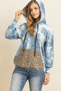 Thumbnail for Riah Fashion - Tie Dye Long Sleeve Leopard Contrast Pocket Hoodie With Drawstrings - 1 COLOR -