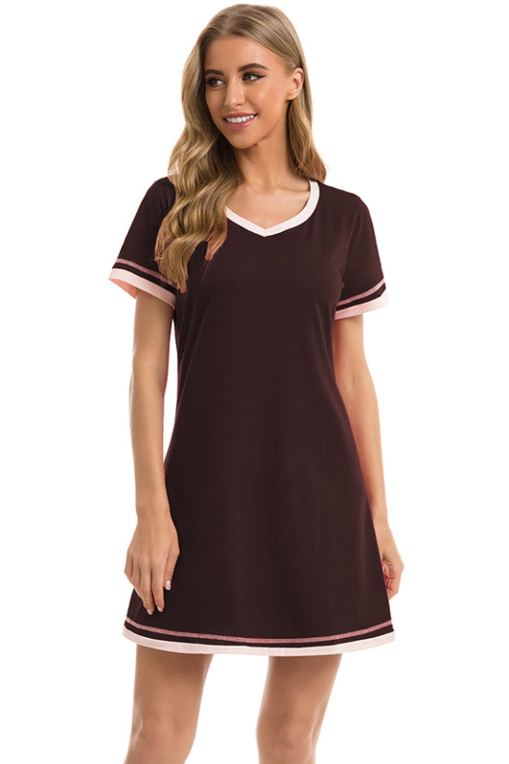 Contrast Trim Short Sleeve Lounge Dress - T - 11 COLORS -