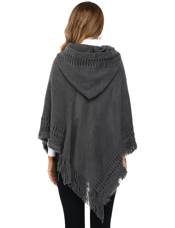 Women's Print or Plain Fringe Hooded Knit Cape Shawl - K - 2 Print patterns - 4 COLORS -