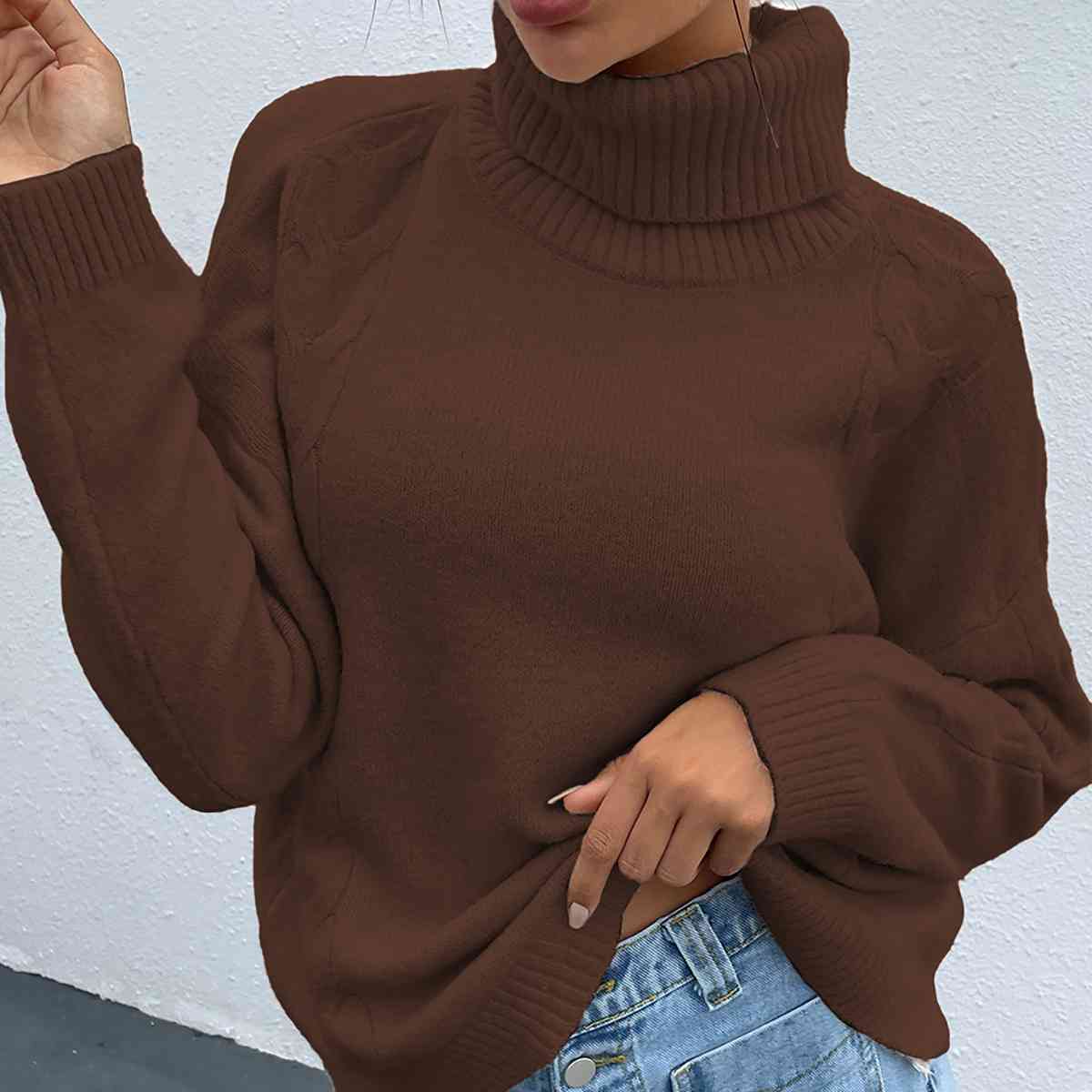 Turtleneck Dropped Shoulder Long Sleeve Sweater - T - 4 COLORS -