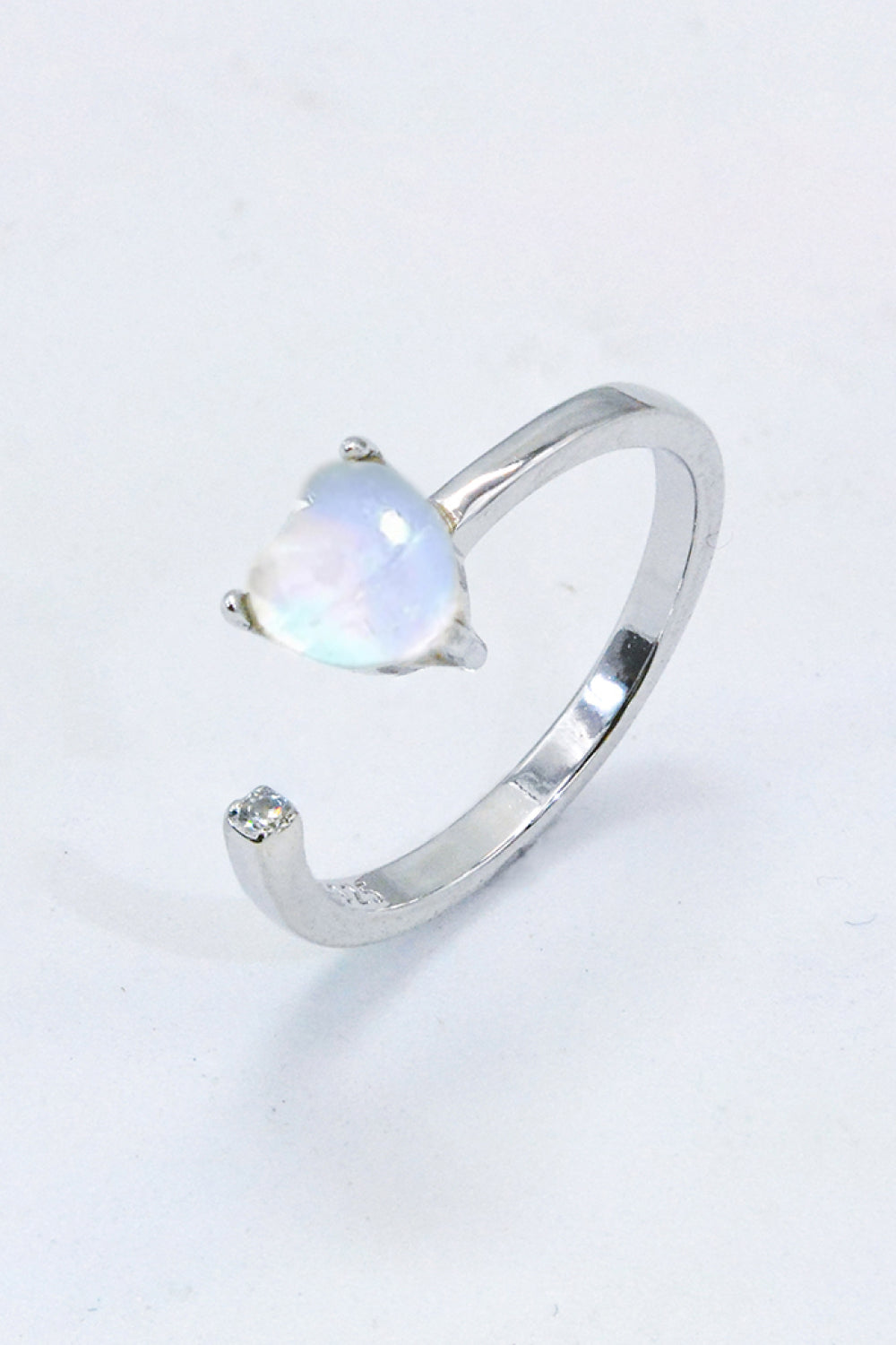 Inlaid Moonstone Heart Adjustable Open Ring - T - 1 SIZE FIT - 2 FINISHES -