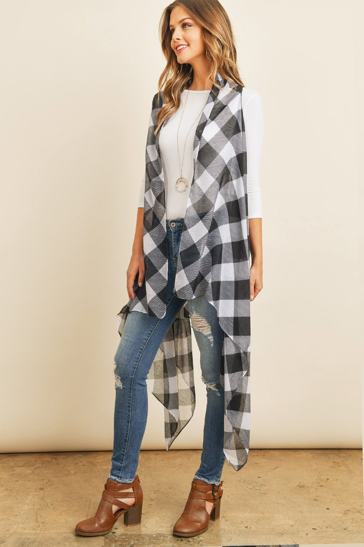 Riah Fashion - Black Plaid Knee Length Kimono Cardigan - 1 COLOR -