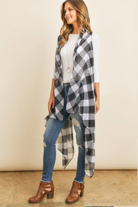 Thumbnail for Riah Fashion - Black Plaid Knee Length Kimono Cardigan - 1 COLOR -