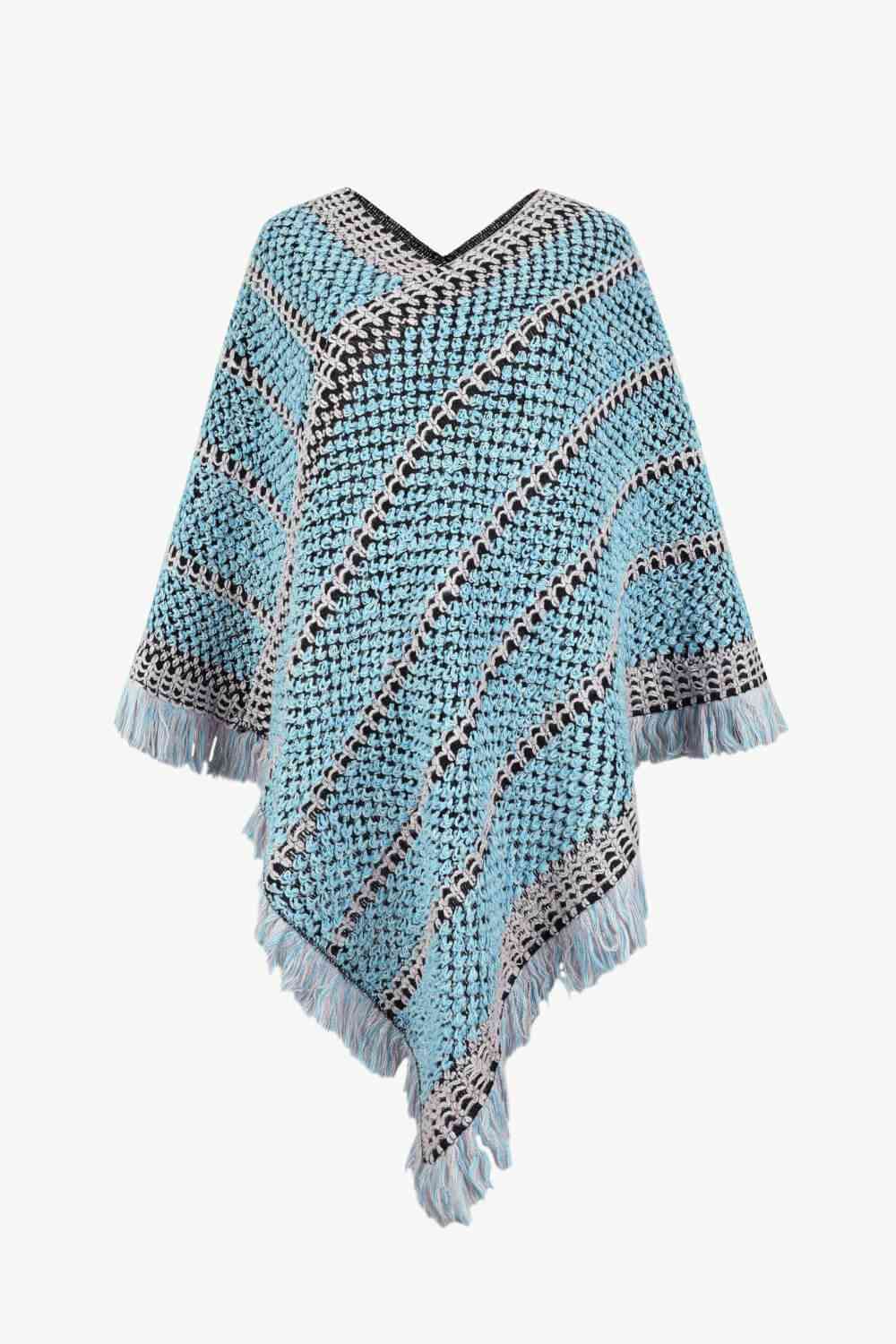 V-Neck Fringe Hem Poncho - ONE SIZE - T - 6 COLORS -