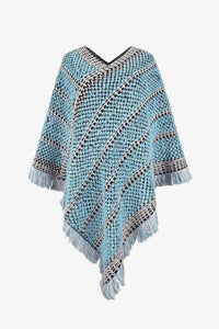 Thumbnail for V-Neck Fringe Hem Poncho - ONE SIZE - T - 6 COLORS -