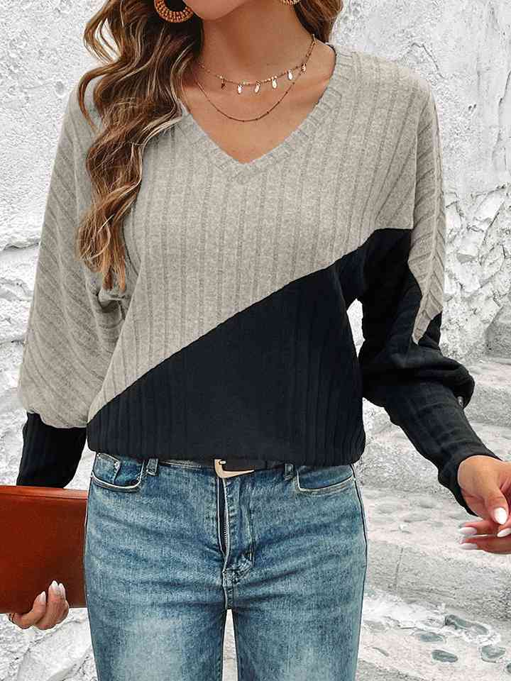 Contrast Buttoned V-Neck Blouse - T - 4 COLORS -