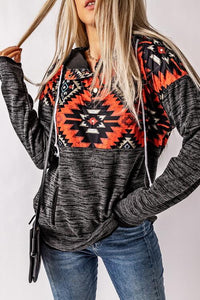 Thumbnail for Geometric Long Sleeve Drawstring Hoodie - T - 1 COLOR -