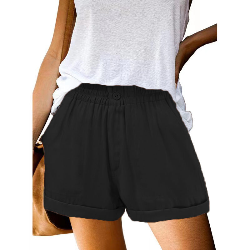 Women's Elastic Solid Color Buckle Zipper Pocket Casual Shorts - K - 5 COLORS -