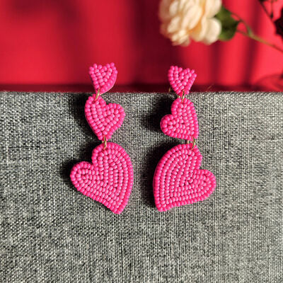 Bead Stainless Steel Heart Dangle Earrings - T - 2 COLORS -