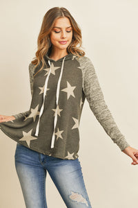 Thumbnail for Riah Fashion - Brushed Hacci Sleeve Rib Detail Star Print Hoodie With Drawstring - 3 COLORS -