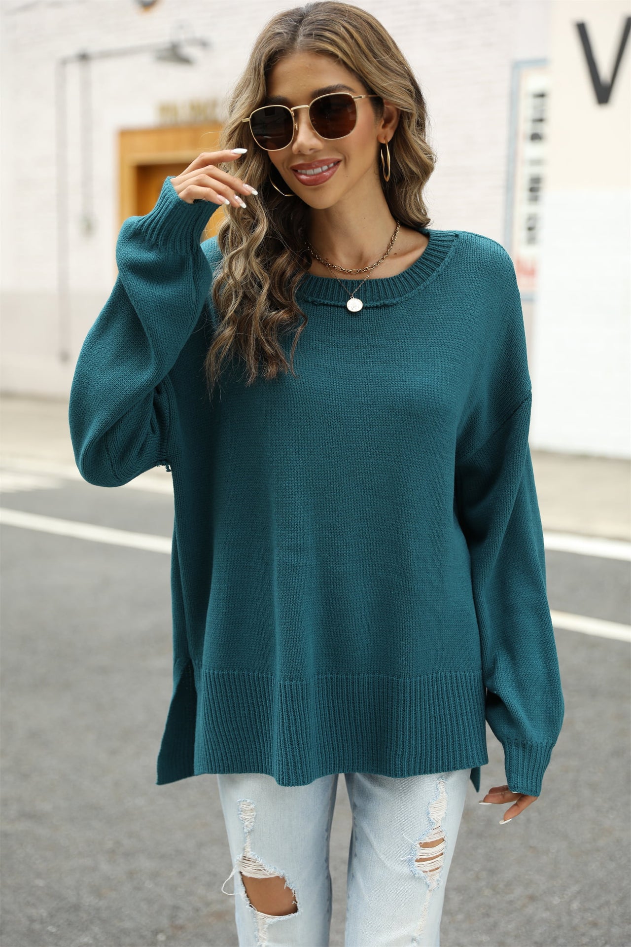 Round Neck Dropped Shoulder Slit Sweater - T - 1 COLOR -