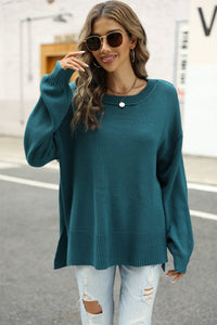 Thumbnail for Round Neck Dropped Shoulder Slit Sweater - T - 1 COLOR -