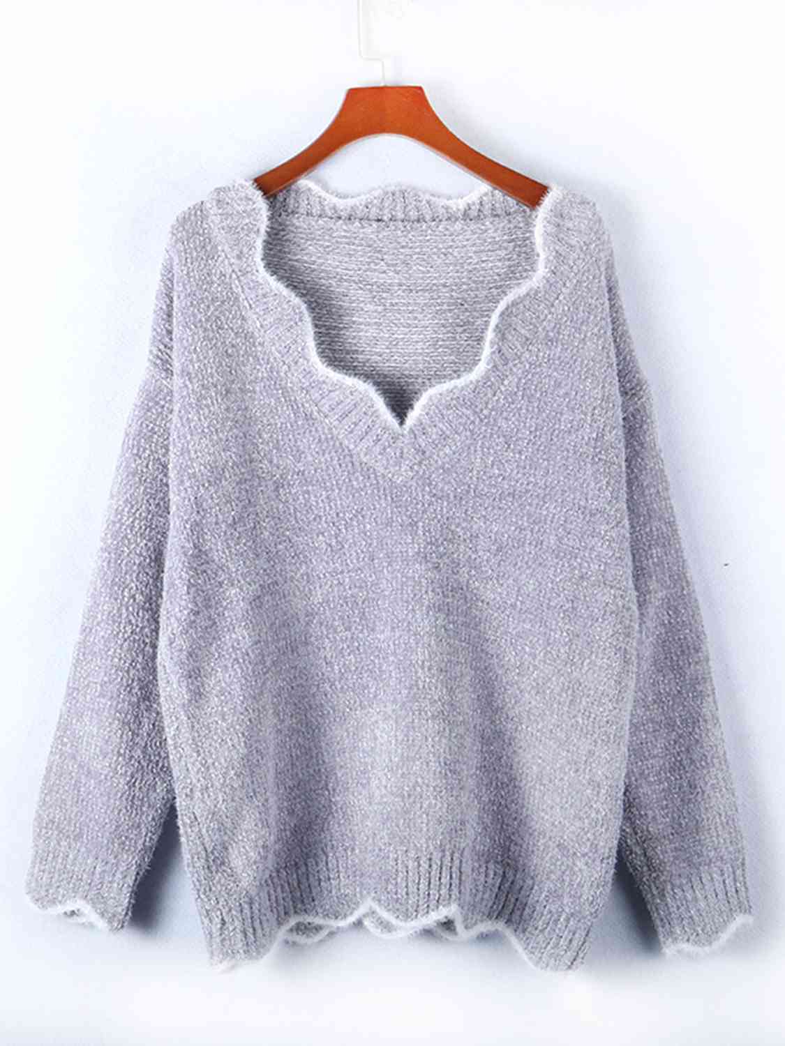 Notched Dropped Shoulder Long Sleeve Sweater - T - 5 COLORS -