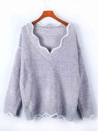 Thumbnail for Notched Dropped Shoulder Long Sleeve Sweater - T - 5 COLORS -