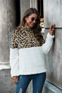 Thumbnail for Leopard Color Block Half-Zip Collar Teddy Sweatshirt - T - 1 COLOR -