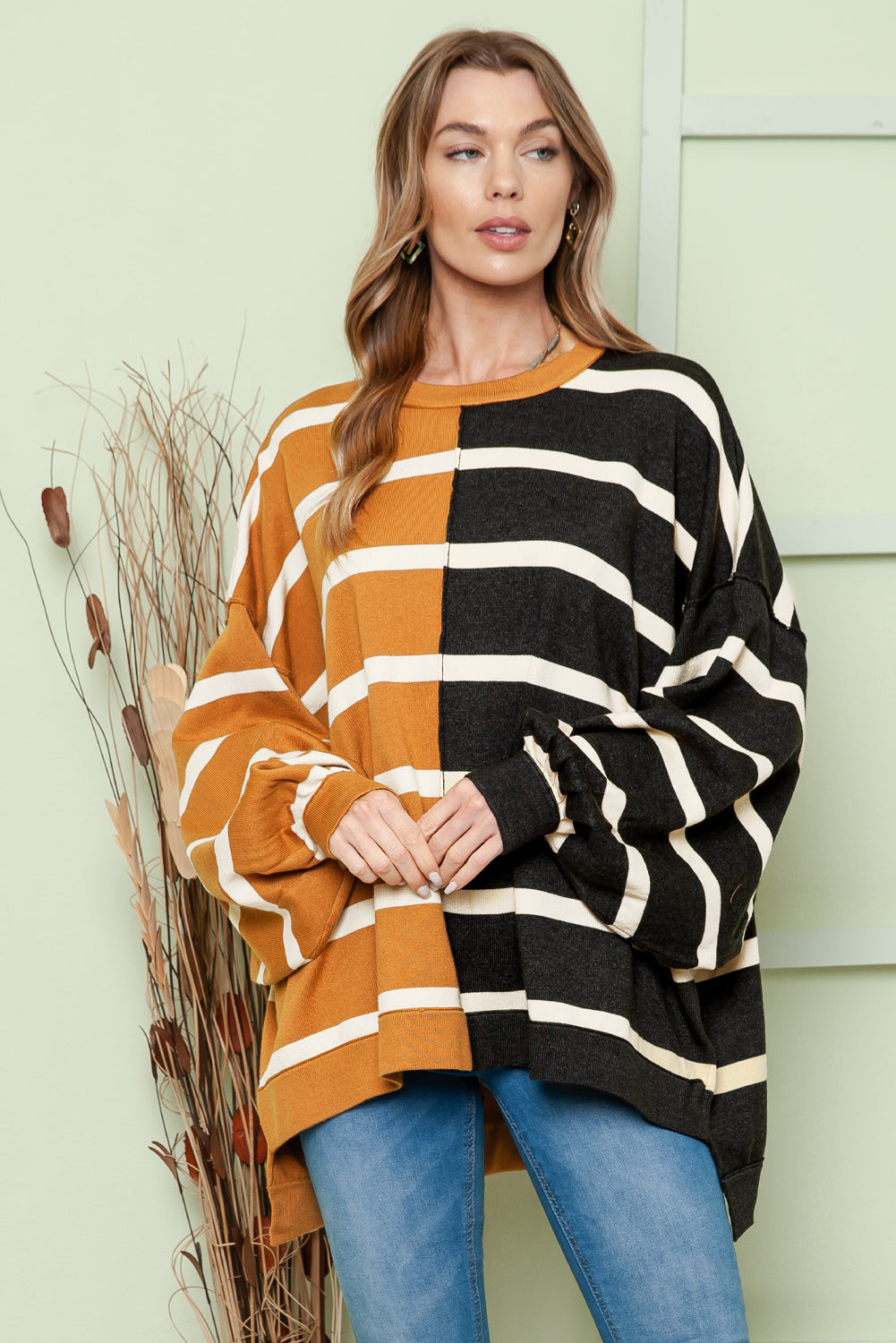 Striped Dropped Shoulder Round Neck Blouse - T - 1 COLOR -