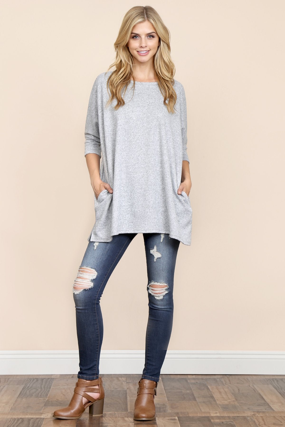 Riah Fashion - Two Tone Hacci Oversized Dropped Shoulder Pocket Tunic - 3 COLORS -