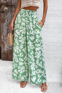 Thumbnail for Smocked Printed Wide Leg %100 Viscose Pants with Pockets - T - 4 COLORS -