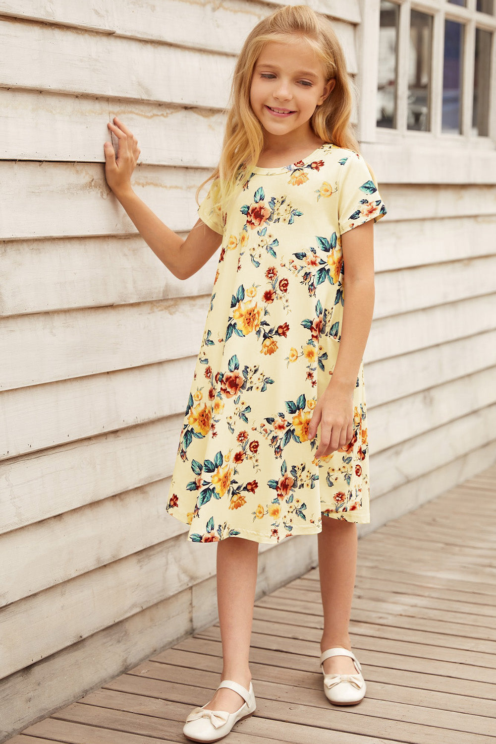 Girls Floral Round Neck Short Sleeve Dress with Pockets - T - 4 SIZES - 2 COLORS -